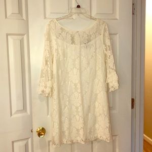 White Lace Dress With Illusion Neckline & Sleeves